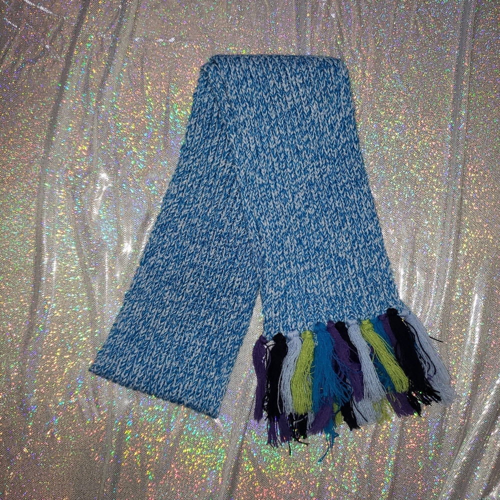 Blue Scarf with Green, Blue, Black, and Purple Fringe